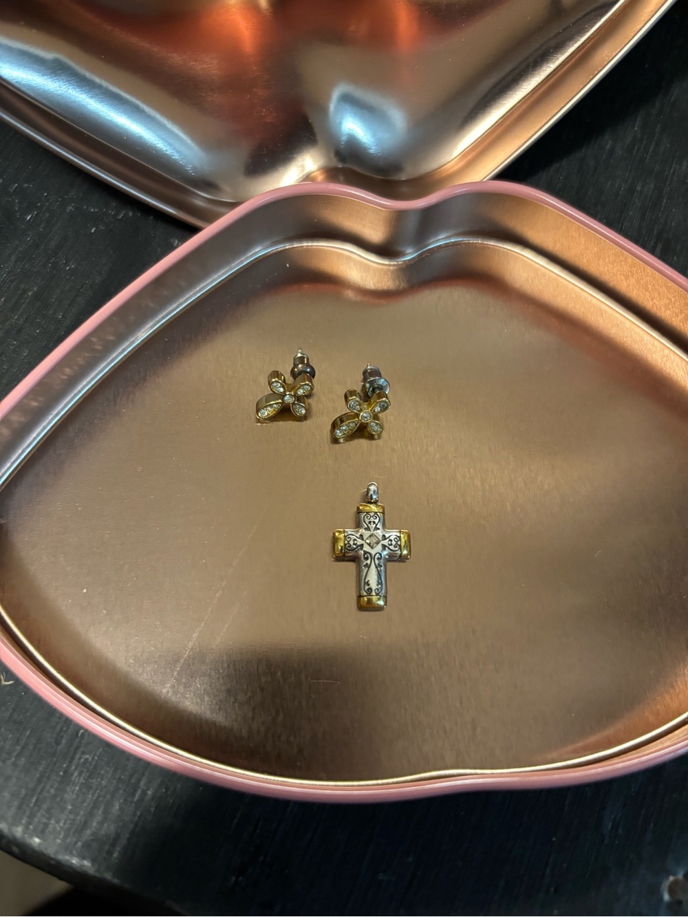 Brighton Gold and Silver Cross Pendant with Gold Floral Stud Earrings
